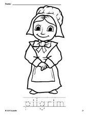 Free printable pilgrim Thanksgiving coloring page and word tracing worksheet, perfect for preschool, pre-k, and kindergarten, PDF