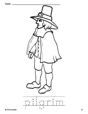 Free printable pilgrim Thanksgiving coloring page and word tracing worksheet, perfect for preschool, pre-k, and kindergarten, PDF