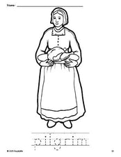 Free printable pilgrim Thanksgiving coloring page and word tracing worksheet, perfect for preschool, pre-k, and kindergarten, PDF