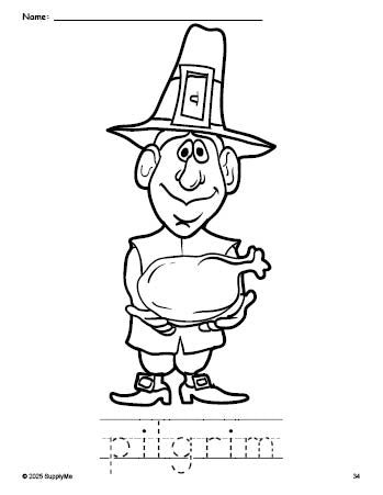 Free printable pilgrim Thanksgiving coloring page and word tracing worksheet, perfect for preschool, pre-k, and kindergarten, PDF