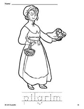 Free printable pilgrim Thanksgiving coloring page and word tracing worksheet, perfect for preschool, pre-k, and kindergarten, PDF