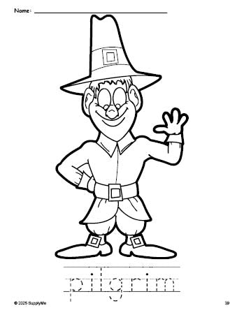 Free printable pilgrim Thanksgiving coloring page and word tracing worksheet, perfect for preschool, pre-k, and kindergarten, PDF