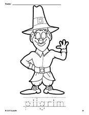 Free printable pilgrim Thanksgiving coloring page and word tracing worksheet, perfect for preschool, pre-k, and kindergarten, PDF