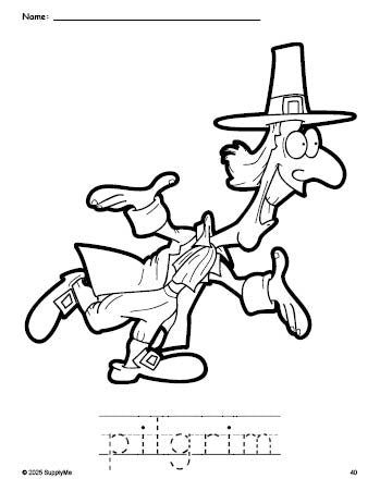 Free printable pilgrim Thanksgiving coloring page and word tracing worksheet, perfect for preschool, pre-k, and kindergarten, PDF