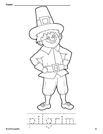 Free printable pilgrim Thanksgiving coloring page and word tracing worksheet, perfect for preschool, pre-k, and kindergarten, PDF