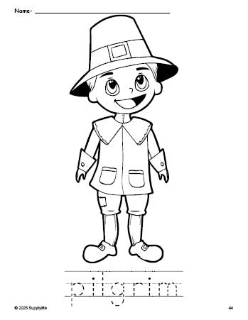 Free printable pilgrim Thanksgiving coloring page and word tracing worksheet, perfect for preschool, pre-k, and kindergarten, PDF