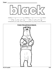 Free polar bear color black coloring page and color worksheet, black worksheet for preschoolers to learn colors, printable PDF