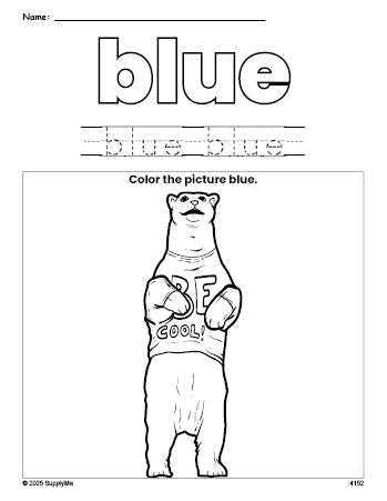 Free polar bear color blue coloring page and color worksheet, blue worksheet for preschoolers to learn colors, printable PDF