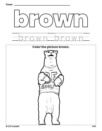 Free polar bear color brown coloring page and color worksheet, brown worksheet for preschoolers to learn colors, printable PDF