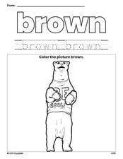 Free polar bear color brown coloring page and color worksheet, brown worksheet for preschoolers to learn colors, printable PDF