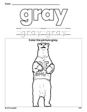 Free polar bear color gray coloring page and color worksheet, gray worksheet for preschoolers to learn colors, printable PDF