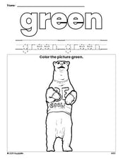 Free polar bear color green coloring page and color worksheet, green worksheet for preschoolers to learn colors, printable PDF