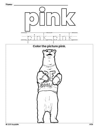 Free polar bear color pink coloring page and color worksheet, pink worksheet for preschoolers to learn colors, printable PDF