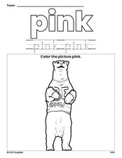 Free polar bear color pink coloring page and color worksheet, pink worksheet for preschoolers to learn colors, printable PDF