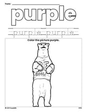 Free polar bear color purple coloring page and color worksheet, purple worksheet for preschoolers to learn colors, printable PDF