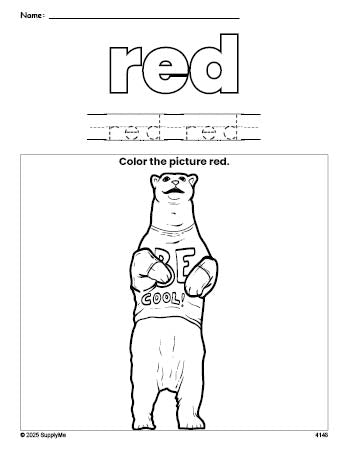 Free polar bear color red coloring page and color worksheet, red worksheet for preschoolers to learn colors, printable PDF