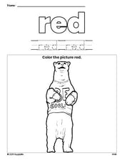 Free polar bear color red coloring page and color worksheet, red worksheet for preschoolers to learn colors, printable PDF