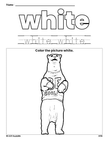 Free polar bear color white coloring page and color worksheet, white worksheet for preschoolers to learn colors, printable PDF