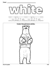 Free polar bear color white coloring page and color worksheet, white worksheet for preschoolers to learn colors, printable PDF