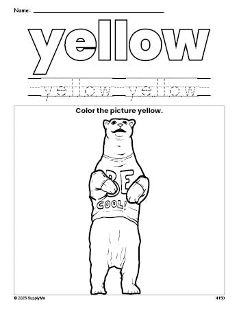 Free polar bear color yellow coloring page and color worksheet, yellow worksheet for preschoolers to learn colors, printable PDF