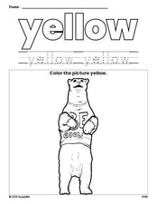 Free polar bear color yellow coloring page and color worksheet, yellow worksheet for preschoolers to learn colors, printable PDF