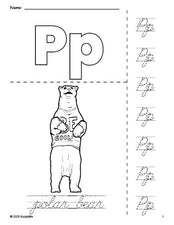 Free printable polar bear coloring page and cursive letter tracing worksheet, letter p worksheet for preschool, pre-k, and kindergarten, PDF