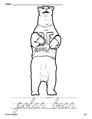 Free printable polar bear coloring page and cursive word tracing worksheet, perfect for preschool, pre-k, and kindergarten, PDF