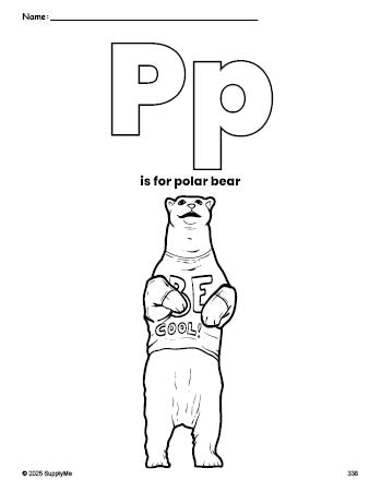 Free printable polar bear coloring page, letter p coloring page for preschool, pre-k, and kindergarten, PDF