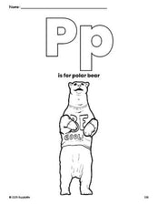 Free printable polar bear coloring page, letter p coloring page for preschool, pre-k, and kindergarten, PDF