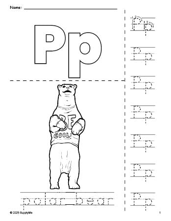 Free printable polar bear coloring page and letter tracing worksheet, letter p worksheet for preschool, pre-k, and kindergarten, PDF