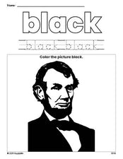 Free Presidents' Day Abraham Lincoln color black coloring page and color worksheet, black worksheet for preschoolers to learn colors, printable PDF