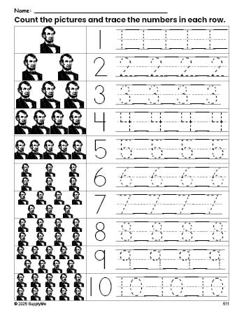 Free printable Presidents' Day Abraham Lincoln counting worksheet for preschool and pre-k with number tracing practice 1-10, PDF