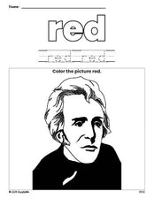 Free Presidents' Day Andrew Jackson color red coloring page and color worksheet, red worksheet for preschoolers to learn colors, printable PDF