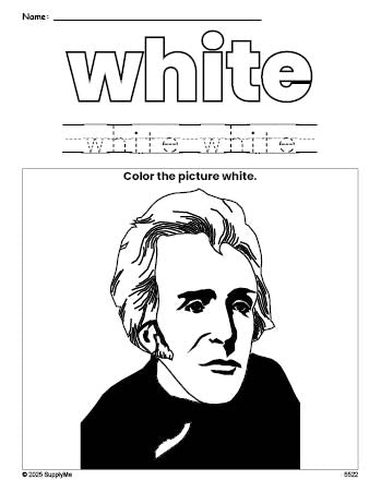 Free Presidents' Day Andrew Jackson color white coloring page and color worksheet, white worksheet for preschoolers to learn colors, printable PDF