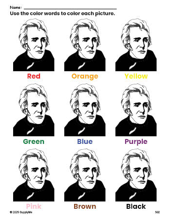 Free Presidents' Day Andrew Jackson coloring page and color worksheet for preschoolers to learn colors, printable PDF