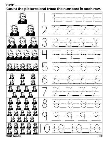 Free printable Presidents' Day Andrew Jackson counting worksheet for preschool and pre-k with number tracing practice 1-10, PDF