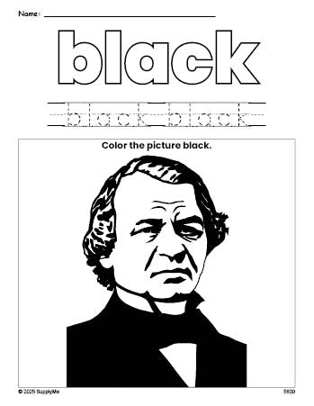 Free Presidents' Day Andrew Johnson color black coloring page and color worksheet, black worksheet for preschoolers to learn colors, printable PDF