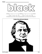 Free Presidents' Day Andrew Johnson color black coloring page and color worksheet, black worksheet for preschoolers to learn colors, printable PDF