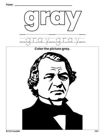 Free Presidents' Day Andrew Johnson color gray coloring page and color worksheet, gray worksheet for preschoolers to learn colors, printable PDF