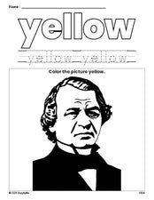 Free Presidents' Day Andrew Johnson color yellow coloring page and color worksheet, yellow worksheet for preschoolers to learn colors, printable PDF