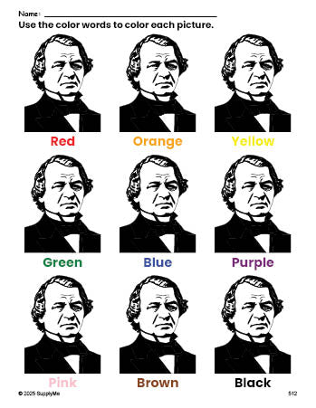 Free Presidents' Day Andrew Johnson coloring page and color worksheet for preschoolers to learn colors, printable PDF