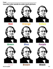 Free Presidents' Day Andrew Johnson coloring page and color worksheet for preschoolers to learn colors, printable PDF