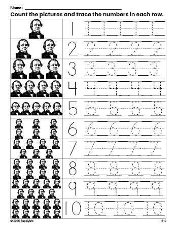 Free printable Presidents' Day Andrew Johnson counting worksheet for preschool and pre-k with number tracing practice 1-10, PDF