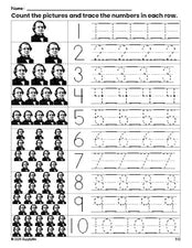 Free printable Presidents' Day Andrew Johnson counting worksheet for preschool and pre-k with number tracing practice 1-10, PDF