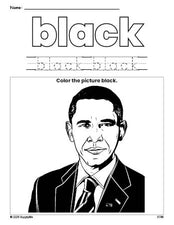 Free Presidents' Day Barack Obama color black coloring page and color worksheet, black worksheet for preschoolers to learn colors, printable PDF