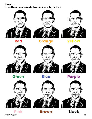 Free Presidents' Day Barack Obama coloring page and color worksheet for preschoolers to learn colors, printable PDF