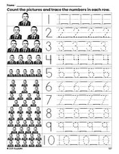 Free printable Presidents' Day Barack Obama counting worksheet for preschool and pre-k with number tracing practice 1-10, PDF