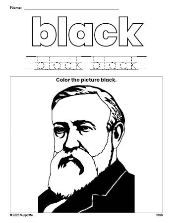 Free Presidents' Day Benjamin Harrison color black coloring page and color worksheet, black worksheet for preschoolers to learn colors, printable PDF