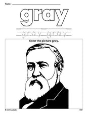 Free Presidents' Day Benjamin Harrison color gray coloring page and color worksheet, gray worksheet for preschoolers to learn colors, printable PDF