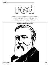 Free Presidents' Day Benjamin Harrison color red coloring page and color worksheet, red worksheet for preschoolers to learn colors, printable PDF